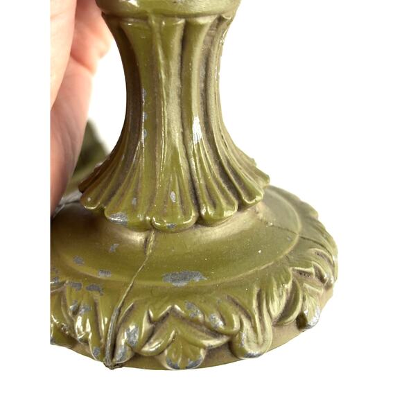 Pair Antique Green Enameled Cast Iron Candlestick Holder Ornate - Picture 4 of 12